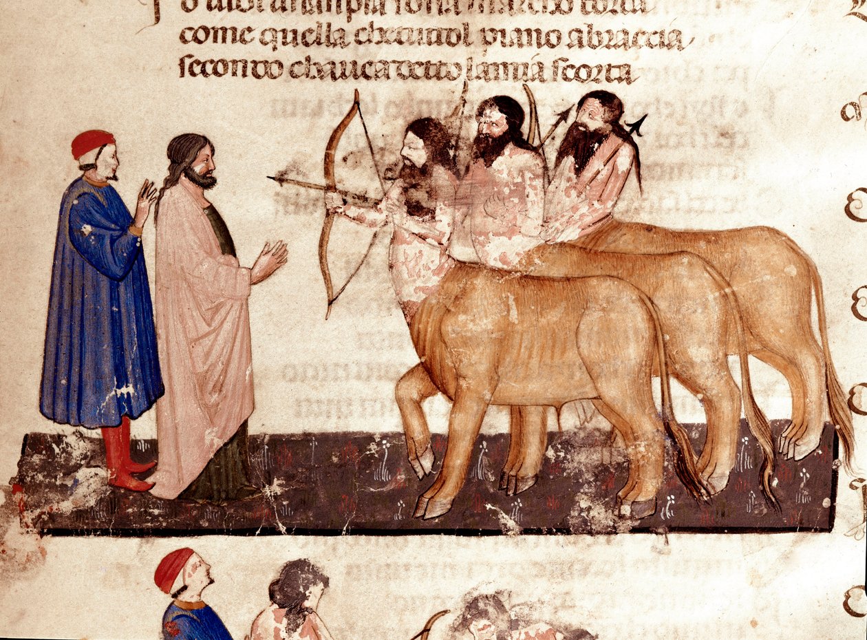 Circle of Violents: Dante and Virgil meet Centaurs armed with bows and ...