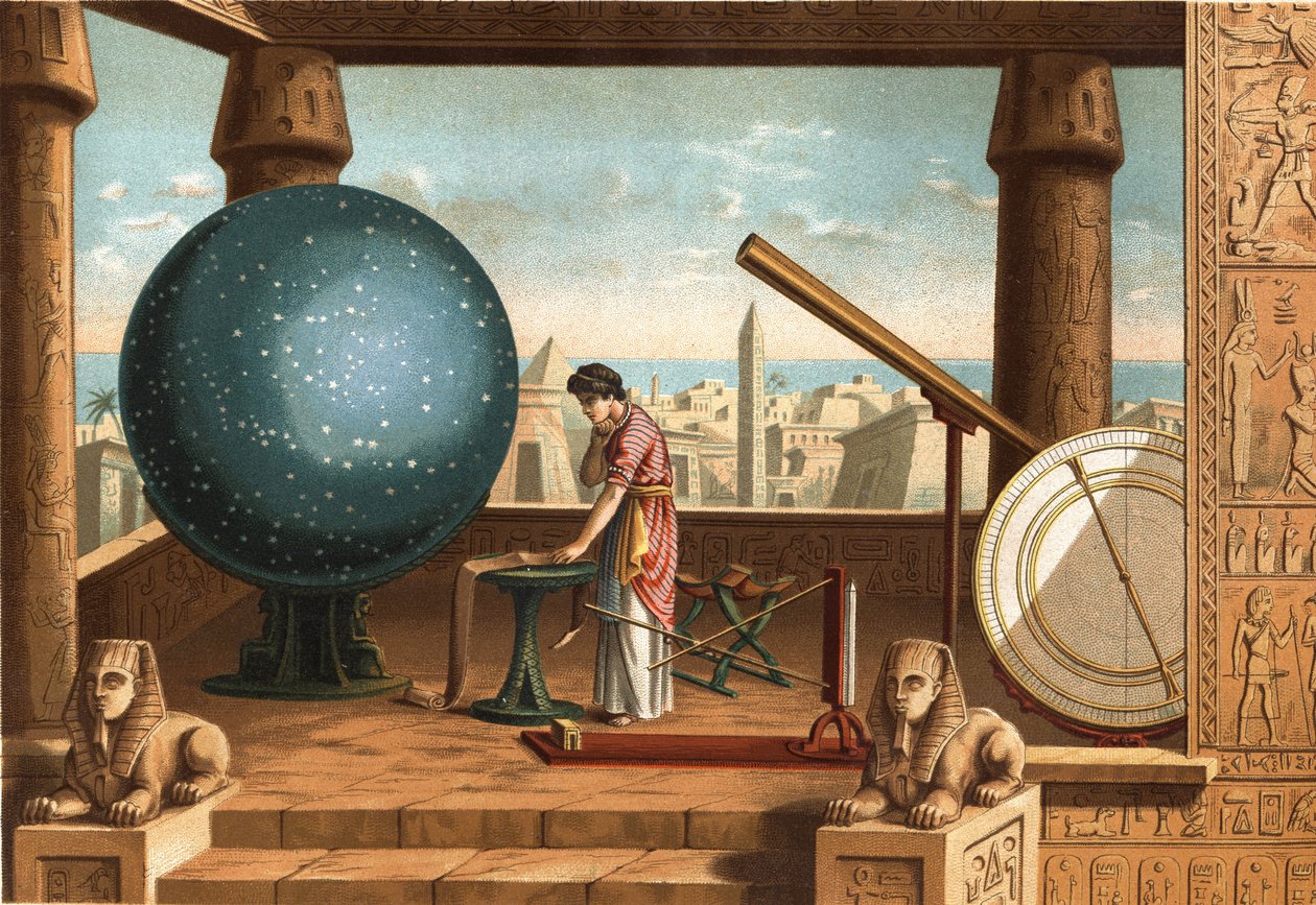 Claude Ptolemy (ca. 100 - ca. 170), Greek scholar and astronomer, in the Alexandria Observatory (Egypt). Barcelona 1877 by Unknown artist