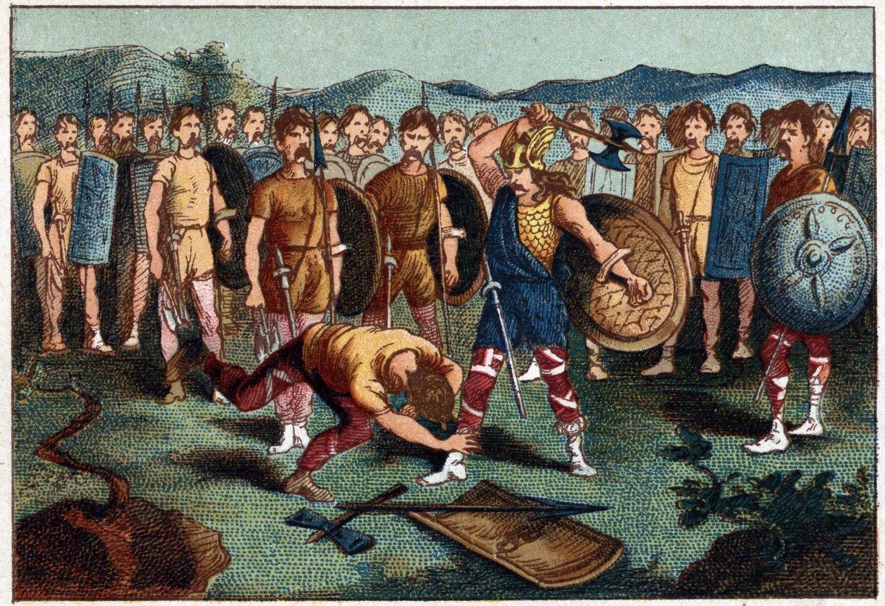 Clovis and the Frankish warrior who broke the Vase of Soissons in 486. Chromolithography of the 19th century by Unknown artist