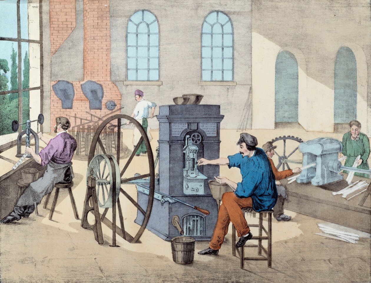 Coin-making: workers in a factory at various stages, casting coins (Engraving of the 19th century) by Unknown artist