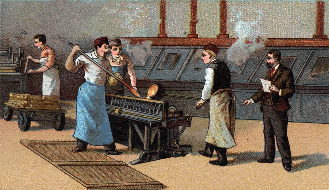 Coin making, gold blades. Chromolithography of the end of the 19th century by Unknown artist