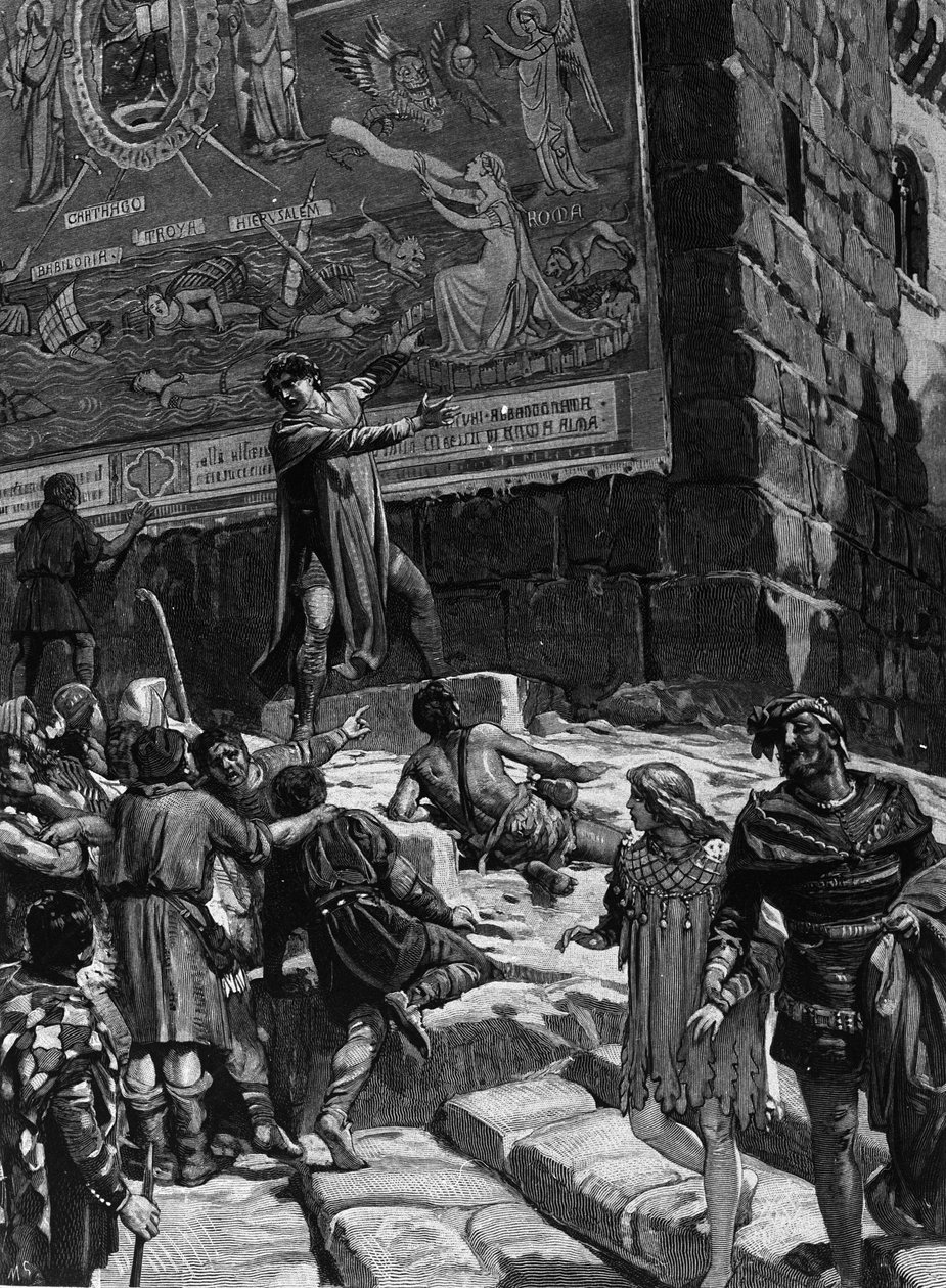 Cola di Rienzo (1314-1354), in the campaign to become a tribune of the Roman people, explains to the people of Rome the frescoes he had installed in the Capitol symbolizing the agony of Rome in a stormy sea surrounded by Troy, Jerusalem, Carthage and Babyl by Unknown artist