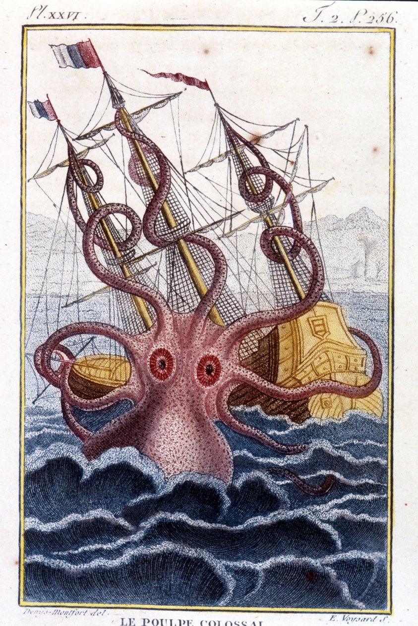 Colossal Octopus Attacking a Ship - Engraving from the Book by Pierre Denys-Montfort 
