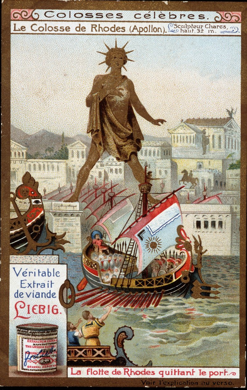 Colossus famous: the Colossus of Rhodes (Apollo, Helios) (height 32 meters), the sculptor Chares de Lindos (4th century BC); the fleet of Rhodes leaving the port (Greece) by Unknown artist