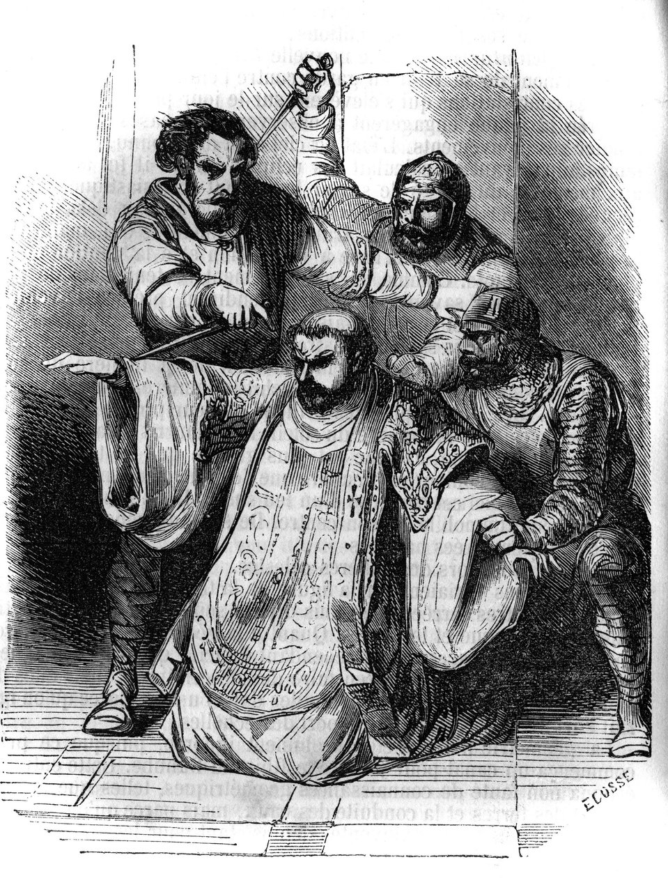 Conspiracy against Charlemagne, 792: a lord surprises the conversation between conspirators planning the murder of the King of the Franks. Among them, Pepin the Hunchback (769-811), son of Charlemagne. Engraving of the 19th century. by Unknown artist