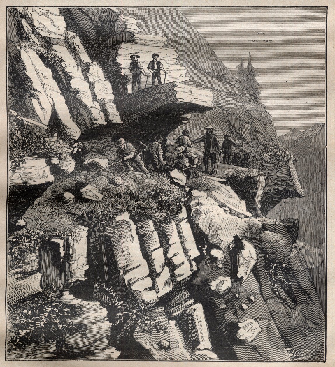 Construction of a Mountain Road in the Alps (Engraving in La Science francaise) by Unknown artist