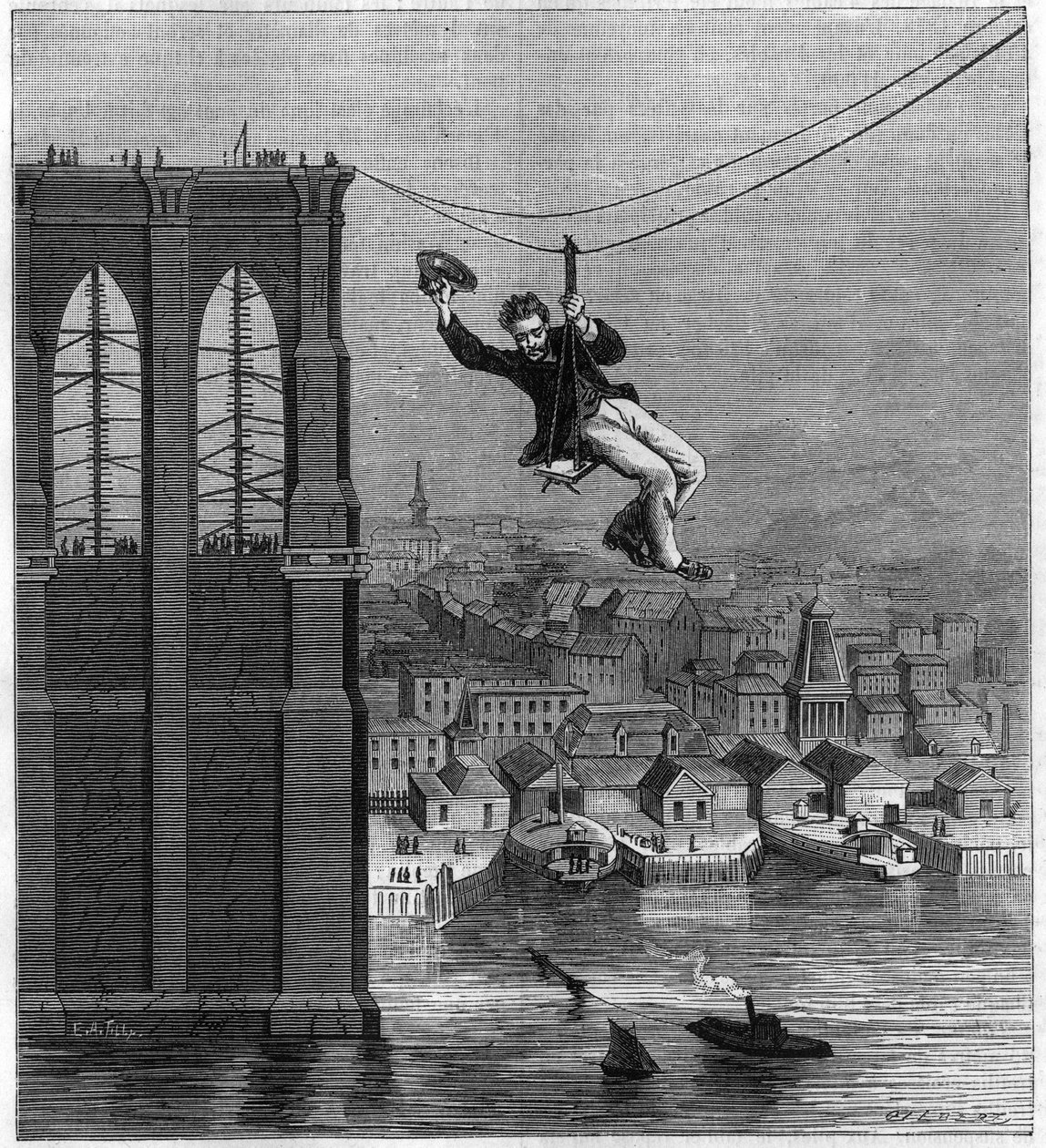 Construction of the Brooklyn Bridge in New York: Mr. Farrington, Chief Mechanic of Construction, Moving from One Pile to Another Using the First Stretched Wire (August 25) by Unknown artist