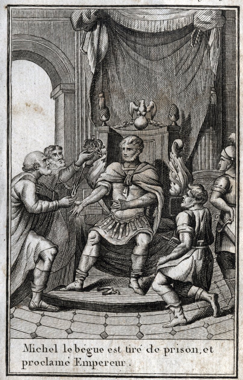 Coronation of Michael II the Amorian (the Stammerer) (770-829) as Byzantine emperor after his release from prison in 820. He is the founder of the Amorian dynasty. Engraving in "Beaute de l