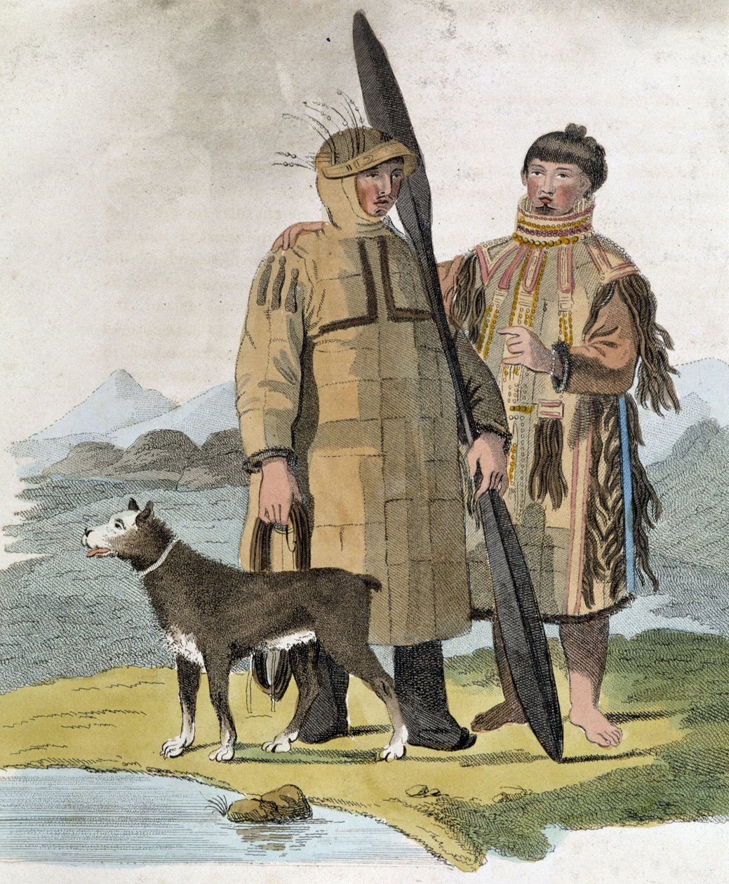 Couple from a Russian province and their dog - engraving by Unknown artist