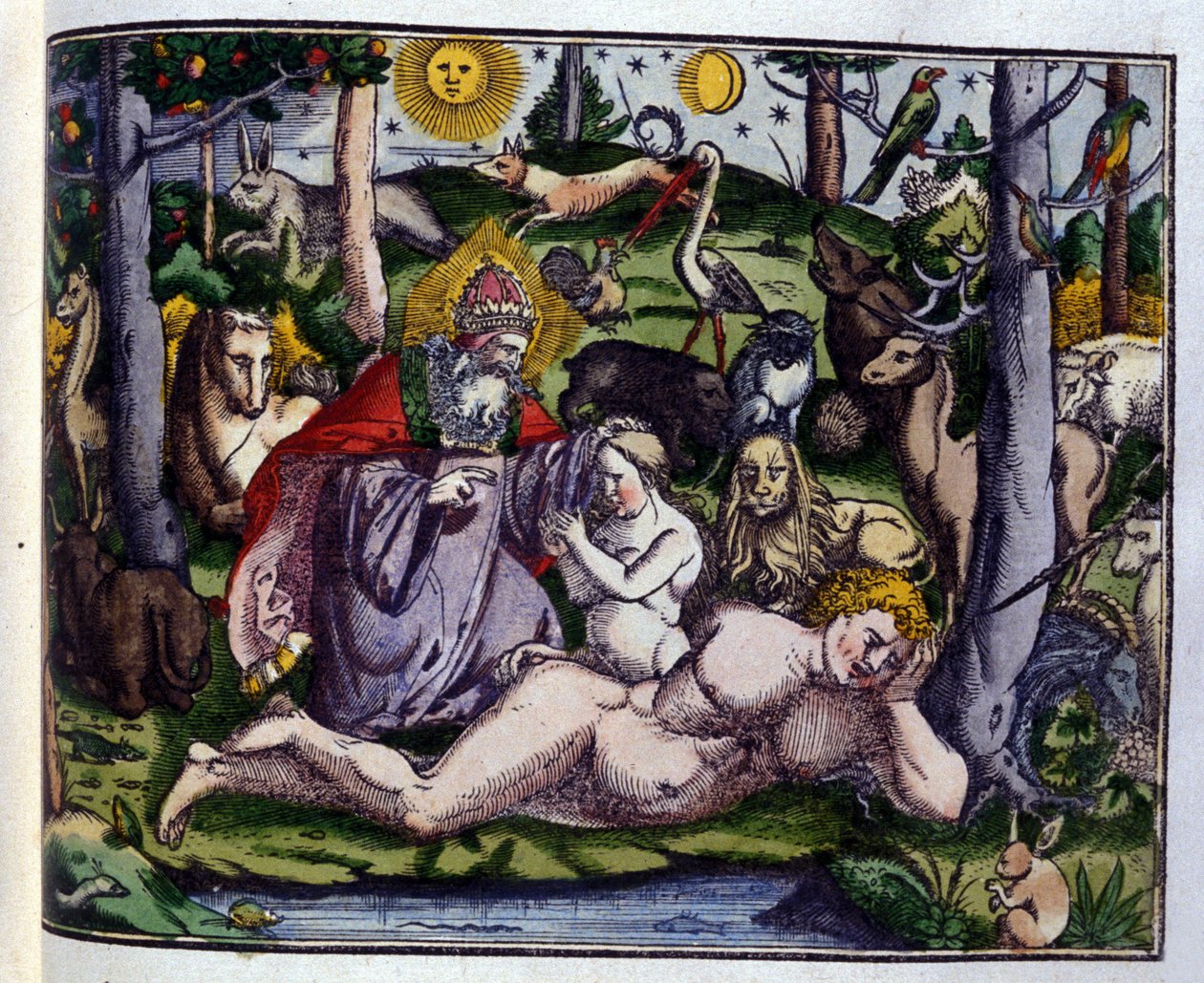 Creation: God represented surrounded by human beings and animals (dog ...