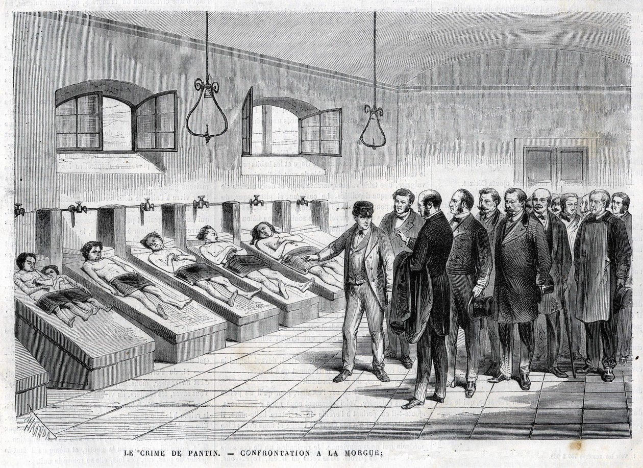 Crime of Pantin in October 1869. Confrontation at the morgue. engraving of 1869 by Unknown artist