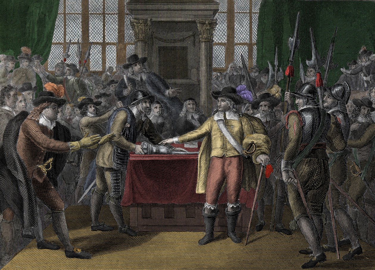 Cromwell dissolving the Long Parliament - The Rump Parliament - Oliver Cromwell (1599-1658) Dissolves the British Parliament by Unknown artist