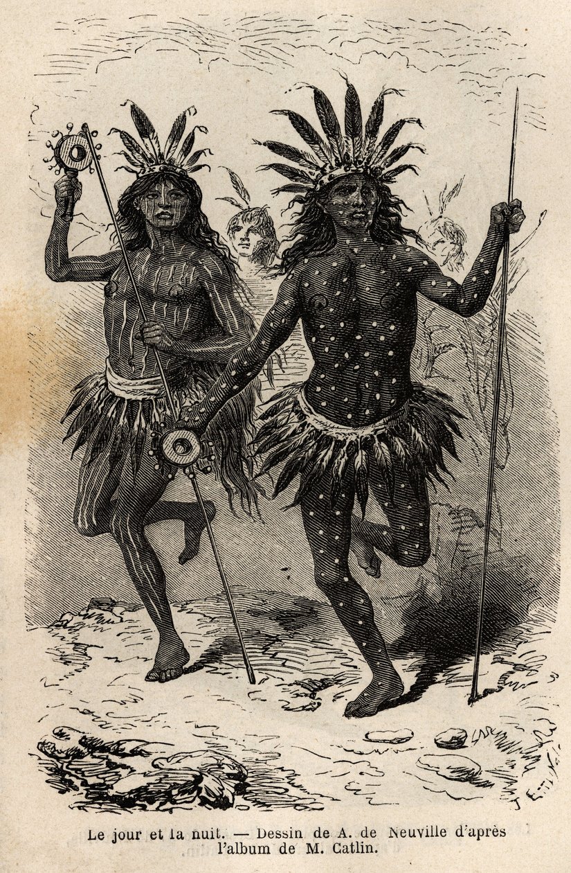 Day and Night, Paintings on the Body of the Dancers of the Religious Ceremony and Atonement, Executed by the Chiefs and His Companions, Among the Mandans Indians. Engraving to Illustrate an Excursion by Unknown artist