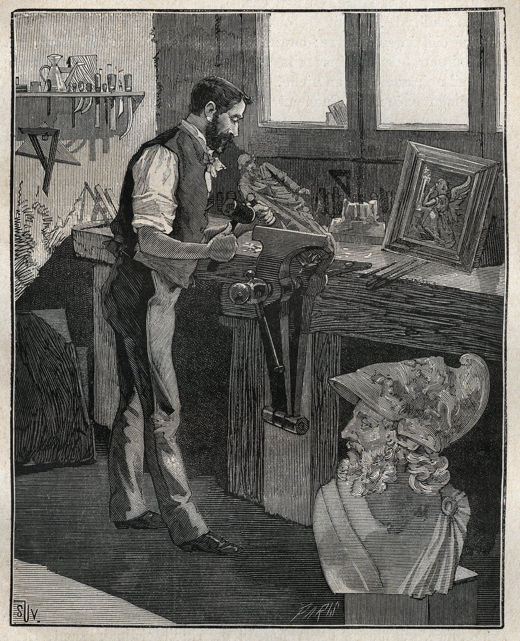 Decoration of silverware: bronze chiseller. Engraving from 1885 in 