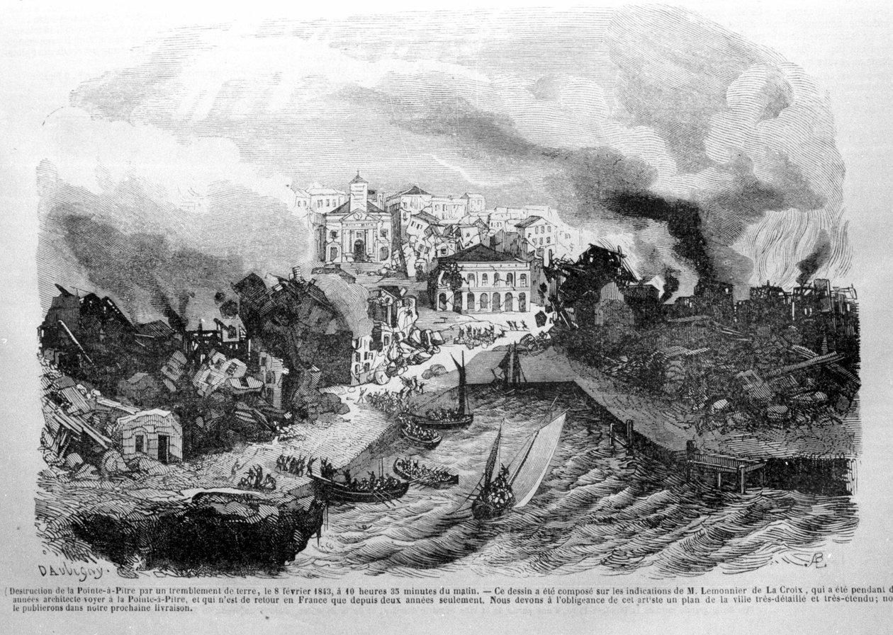 Destruction of Pointe-à-Pitre by an Earthquake on 08/02/1843. Engraving 1843 by Unknown artist