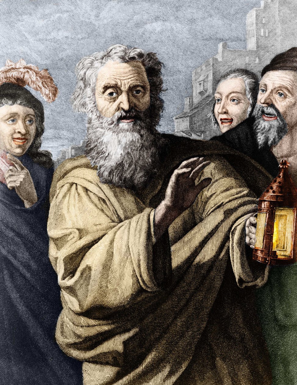 Diogenes (cynic philosopher) and his lantern, with which he searched for an honest man. 19th century engraving by Unknown artist