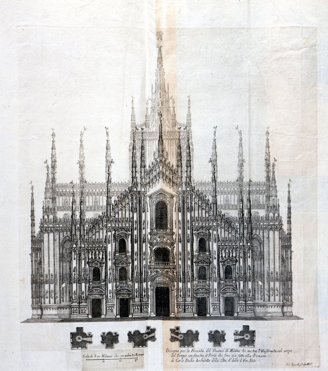Drawing of the facade of the Duomo of Milan showing its uniformity with the body of the building. Many architectural projects were designed around the 17th century to complete the facade that had remained unfinished. by Unknown artist