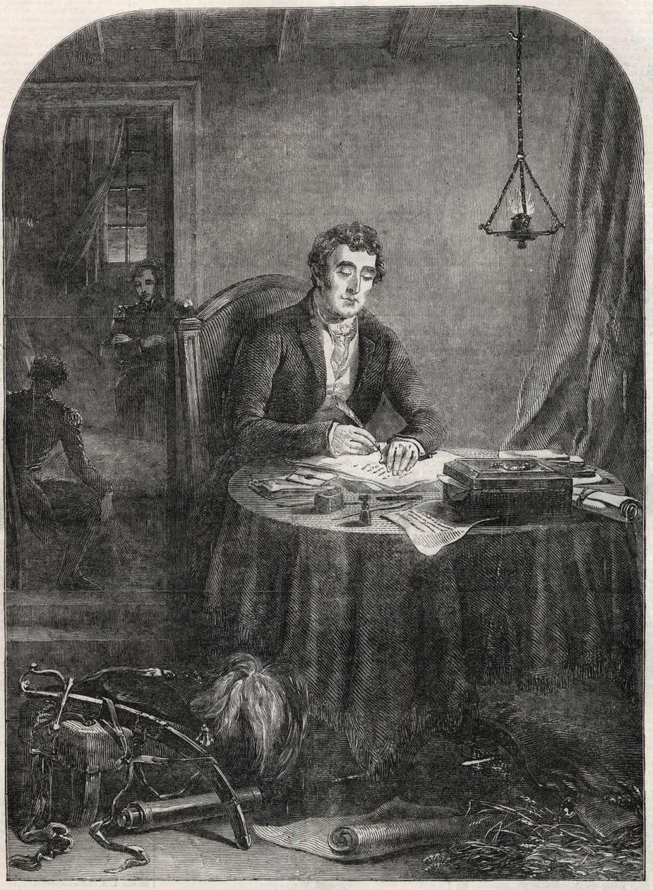 Duke of Wellington writing dispatch after Waterloo, June 19 1815 (engraving 1852) by Unknown artist