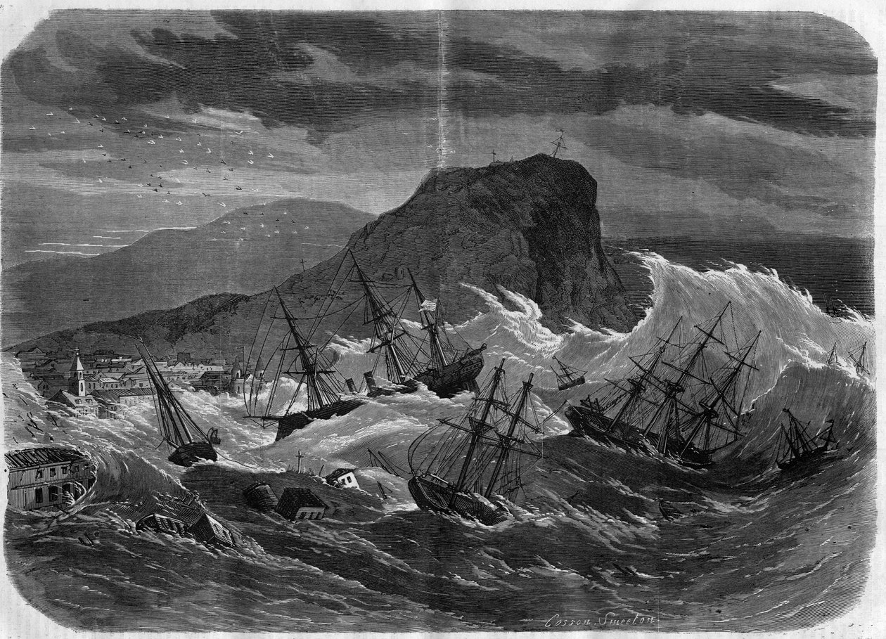 Earthquake of Peru: tsunami submerging the city of Arica in September 1869 - Engraving In 