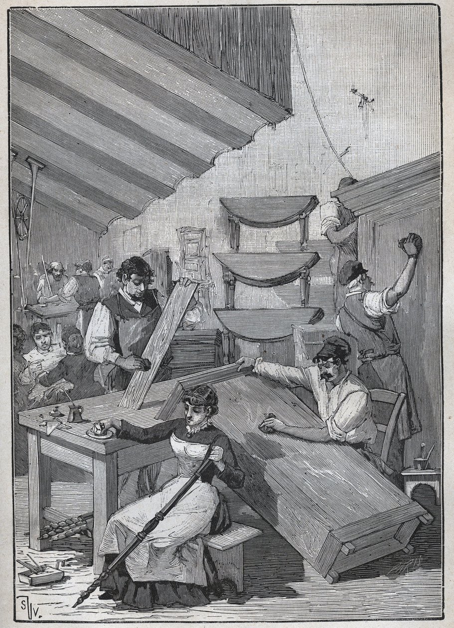 Ebenisterie: stamp varnishing workshop. Engraving from 1885 in 