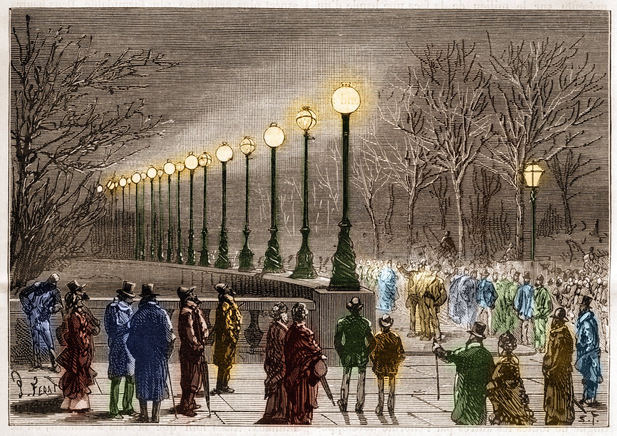 Electric lighting: floor lamps from Victoria quay in London, Great Britain. Engraving in 