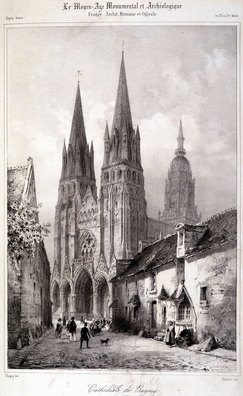 Engraving of Bayeux Cathedral published in “The Monumental and Archaeological Middle Ages”. 19th century by Unknown artist
