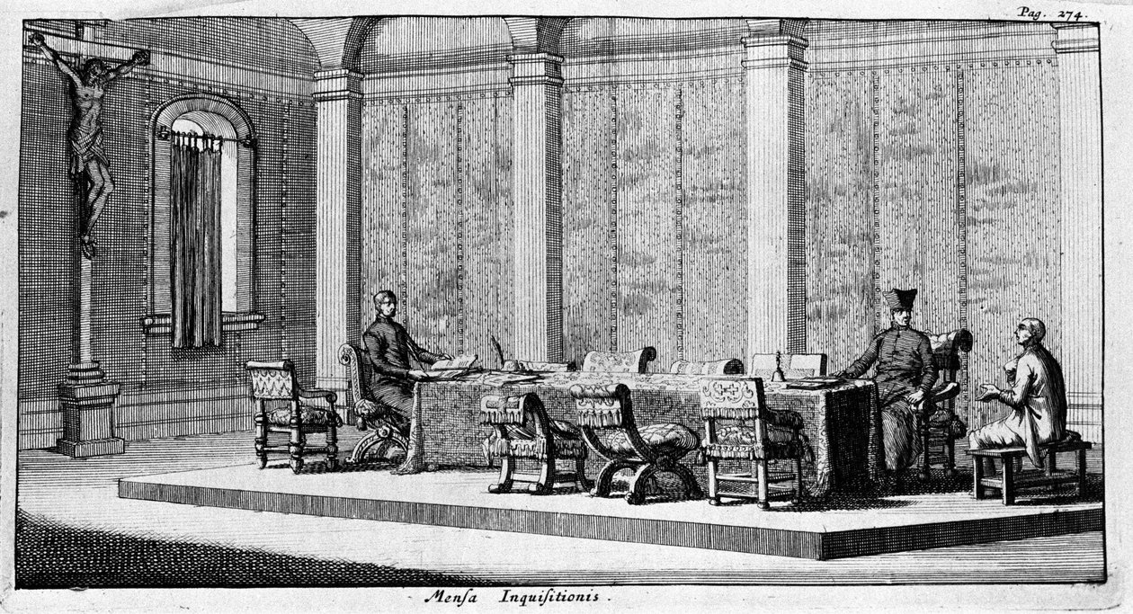 Engraving representing an interrogation in the Tribunal of the Inquisition. 17th century by Unknown artist