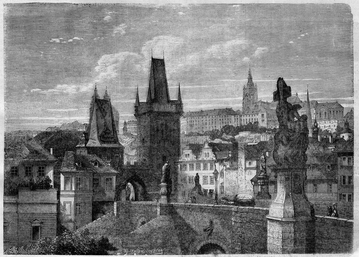 Entrance of the Charles Bridge in Prague - Engraving In 