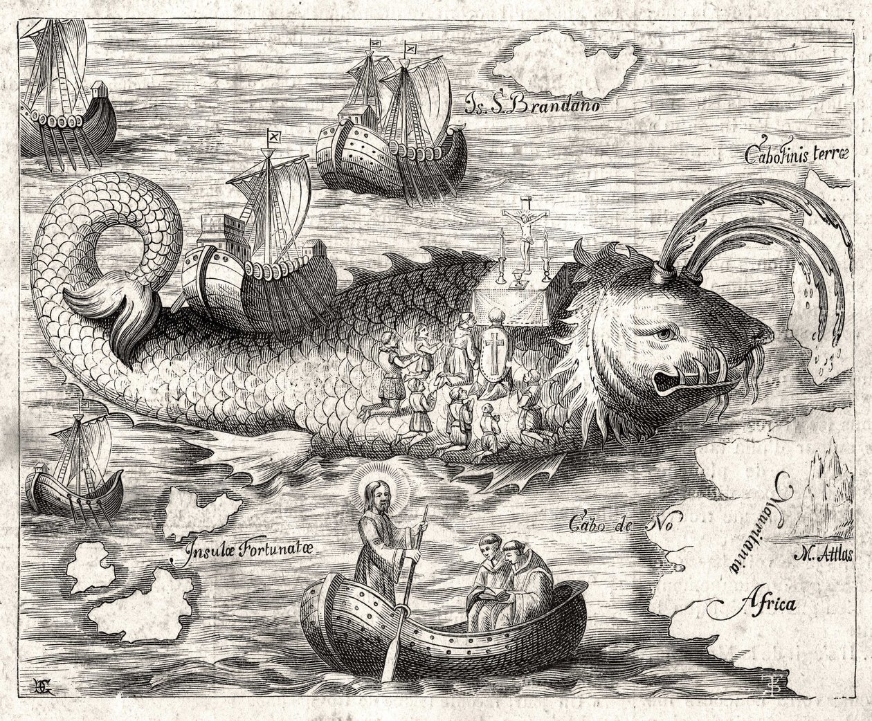 Episode of the Legend of Saint Brandan (Brendan): a fantastic journey of the Irish abbot of the 6th century in search of earthly Paradise. Print from 1621 by Unknown artist