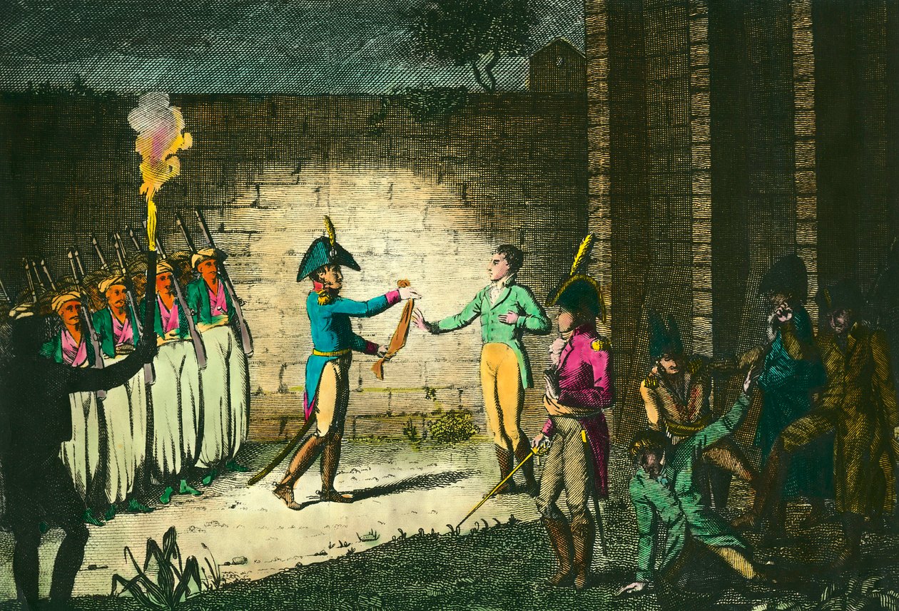 Execution of Louis de Bourbon, Duke of Enghien (1772-1804) on 21 March 1804 in Vincennes. Engraving around 1804. Private collection by Unknown artist