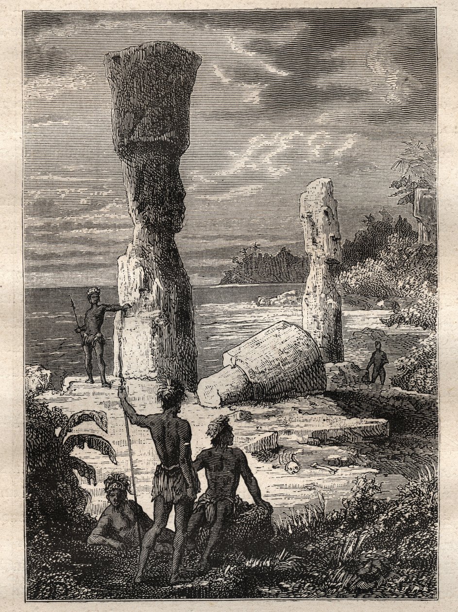 Expedition around the world (1785-1788) by Jean Francois Galaup de La Perouse: indigenes of Easter Island looking at monumental statues (Moai) - illustration taken from The Great Mariners of the 18th century by Unknown artist