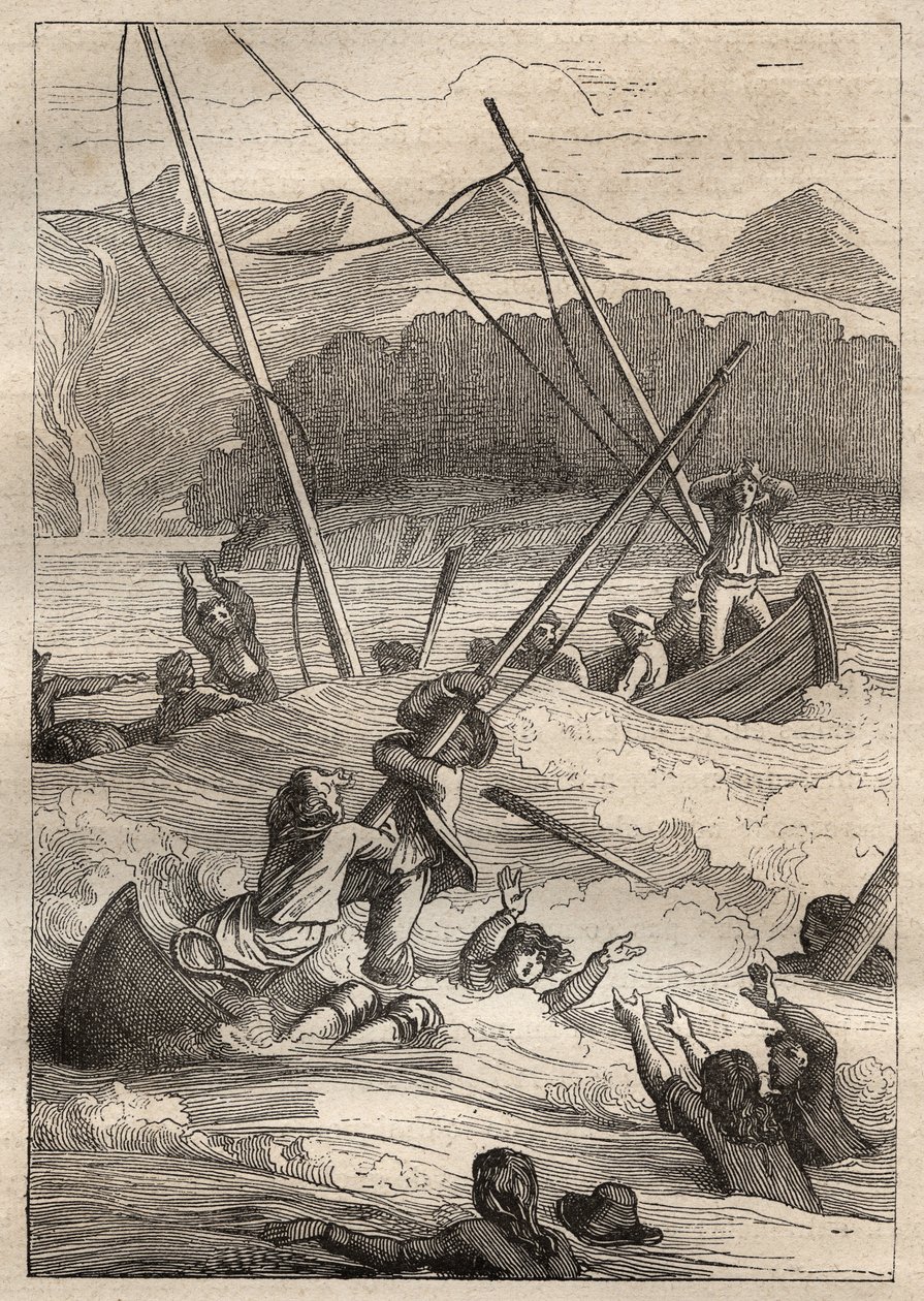 Expedition around the world by Jean Francois Galaup de La Perouse: shipwreck of the boats at the port of the French (Alaska) - illustration taken from The Great Mariners of the 18th century by Unknown artist