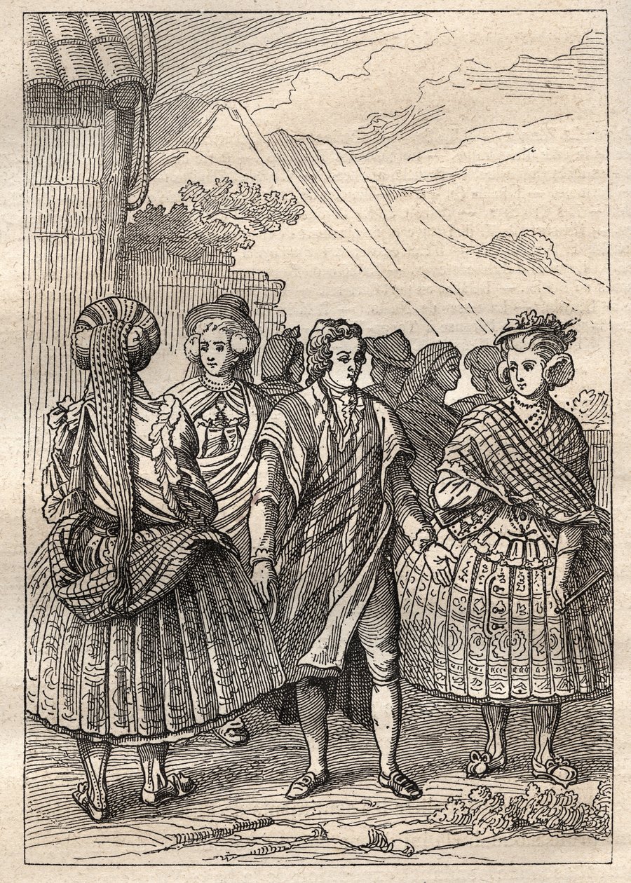Expedition around the world by Jean Francois Galaup de La Perouse: costumes of the inhabitants of Concepcion (Chile) - illustration taken from “The Great Mariners of the 18th century” by Unknown artist