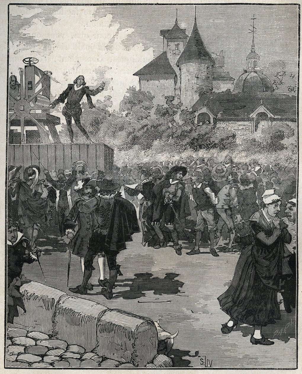 Experience of mechanical minting by Nicolas Briot (Engraver of the Kingdom of France) in 1616. Engraving from 1885 in 