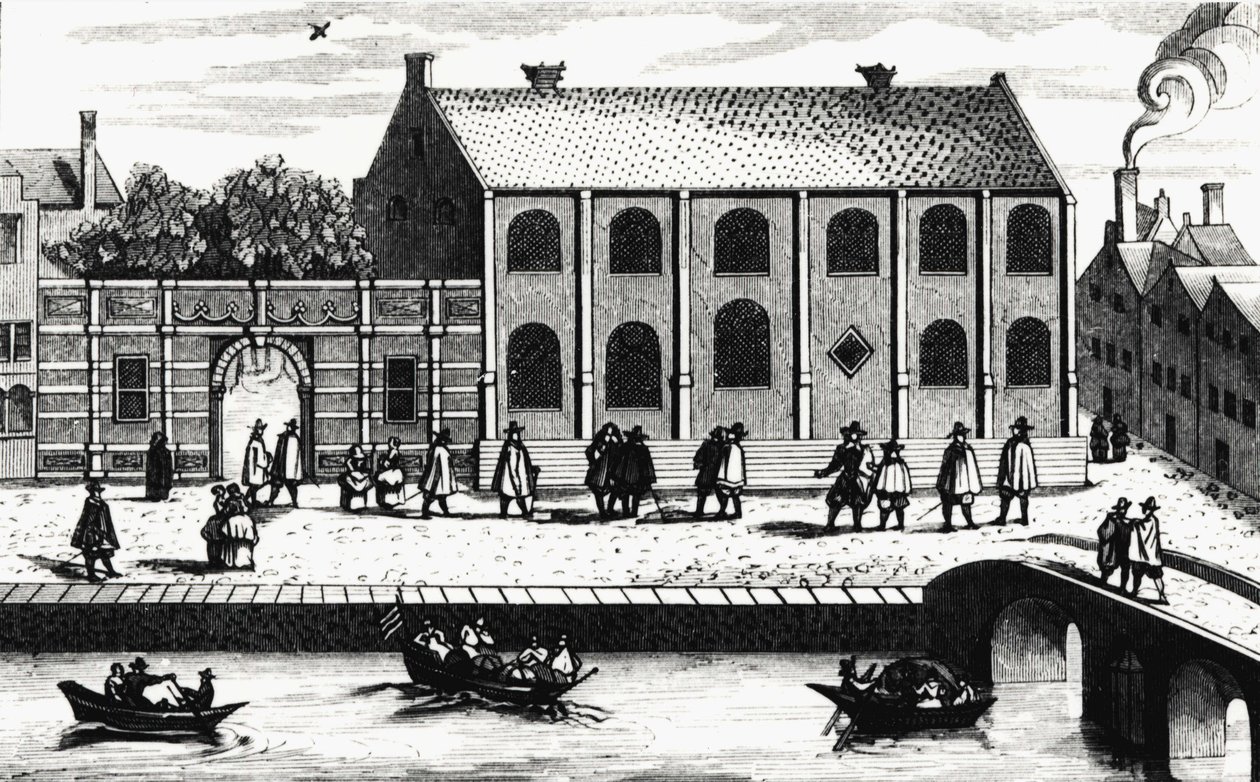 Exterior view of the building of the University of Leiden founded in 1575 by Guillaume de Nassau. Engraving after 