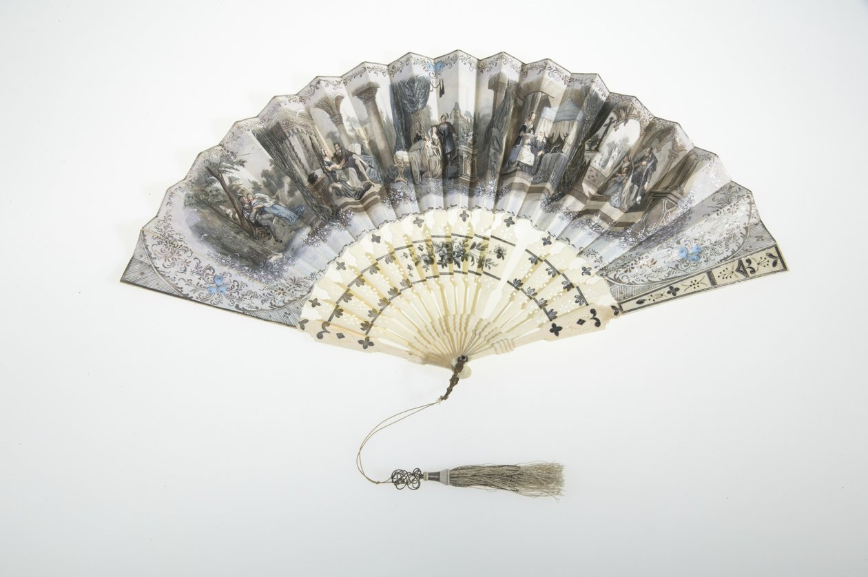Fan, c.1850, Painted paper, bone, silver, and silk-and-metallic-thread tassel, Maker unknown by Unknown artist