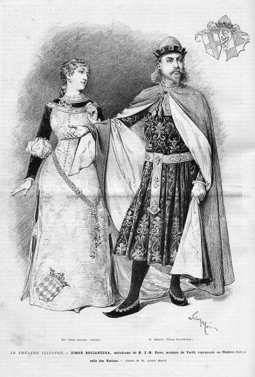 Fides Devries in the role of Amelia and Victor Maurel (1848-1923) in that of Simon Boccanegra in the eponymous opera in three acts by Giuseppe Verdi, a libretto by Francesco Maria Piave after a piece by Antonio Garcia Gutierrez by Unknown artist