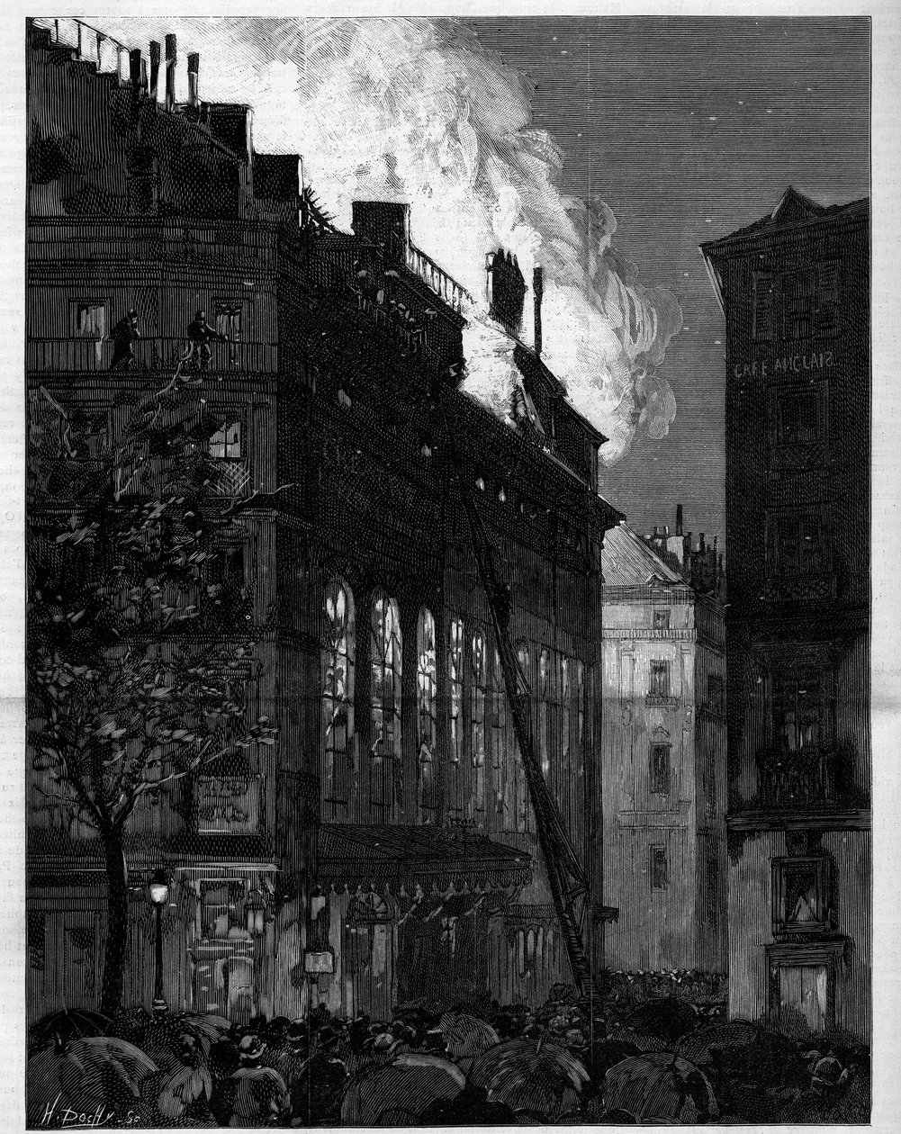 Fire of the Opera Comique in Paris seen from Rue Marivaux and Boulevard des Italiens on 26 May 1887. Engraving in 