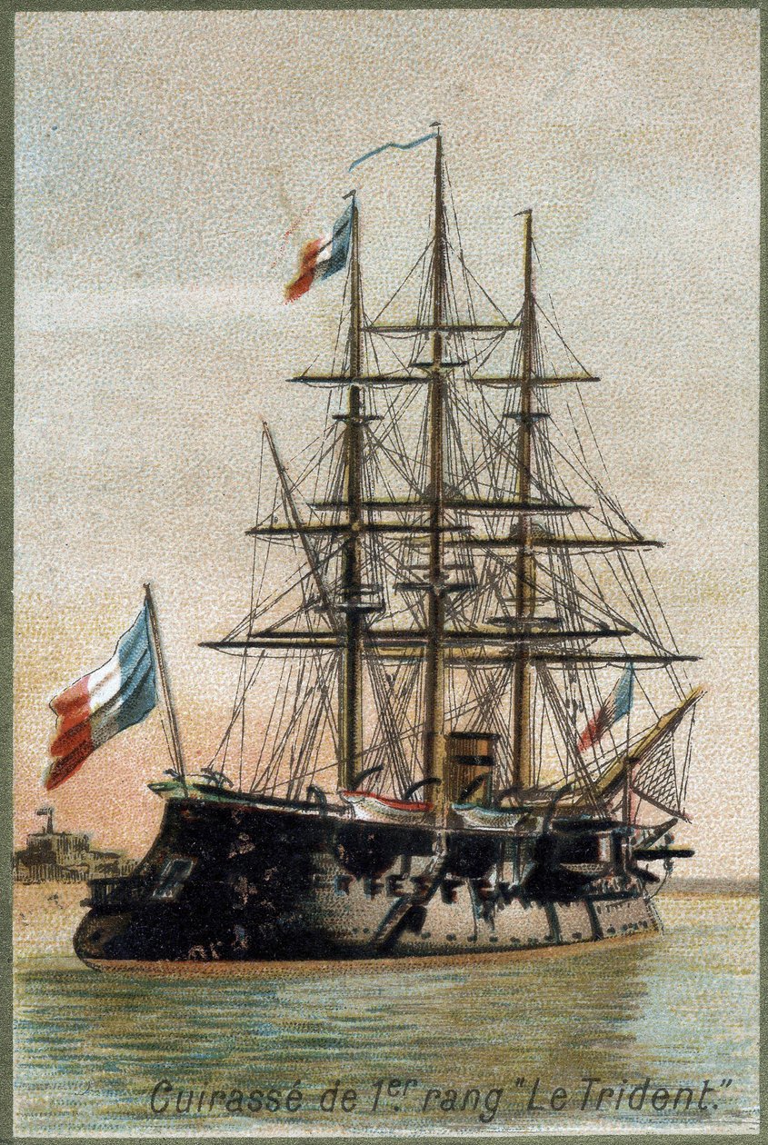 First-row battleship The Trident. Circa 1890. 19th century chromolithography by Unknown artist