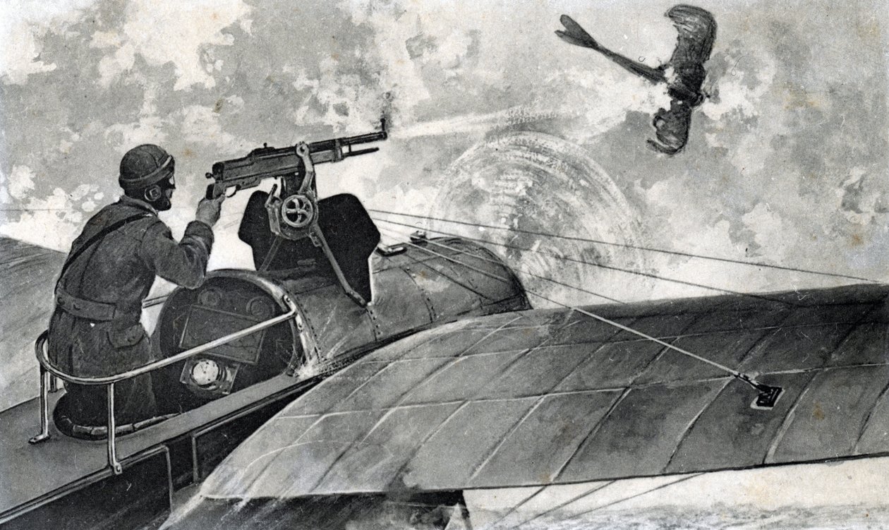 WWI: The French Aviator Jules Vedrines on His Bleriot Aeroplane Sends Down a Taube with His Machine Gun, 2nd September 1914 by Unknown Artist