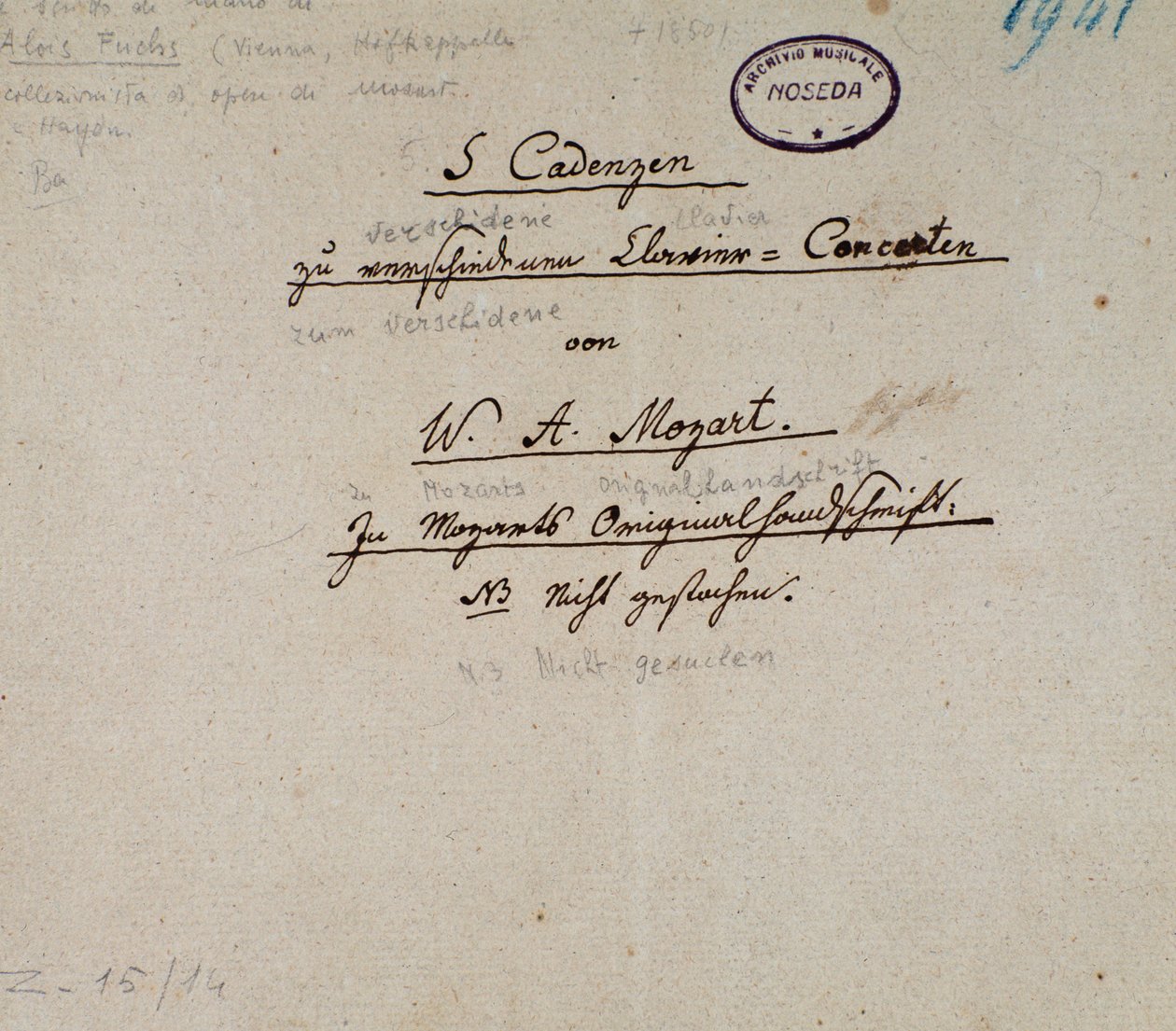 First page of a manuscript of 5 cadences for piano by Mozart by Unknown artist
