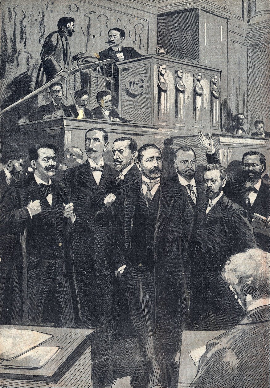 First sitting of the House of Deputes elected in 1898: Paul Deschanel (1855-1922), President of the Chamber of Deputes. Paul Adolphe Granier de Cassagnac (1842-1904), Lucien Millevoye (1850-1918), Paul Deroulede (1846-1914), Jacques Piou (1838-1932), Eugen by Unknown artist