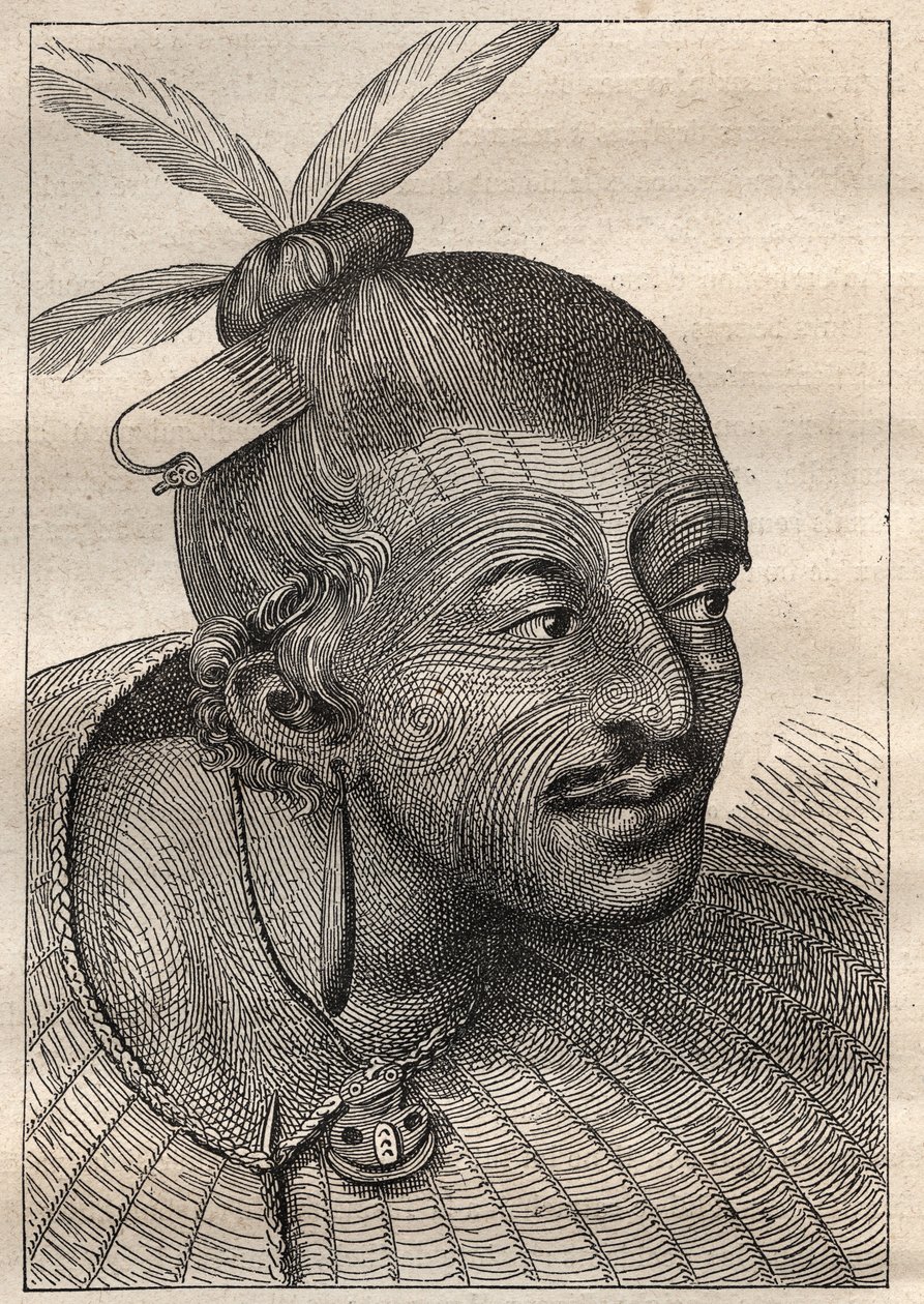 First voyage of Captain James Cook: tattooed head of a New Zealander - illustration taken from “The Great Mariners of the 18th century” by Unknown artist