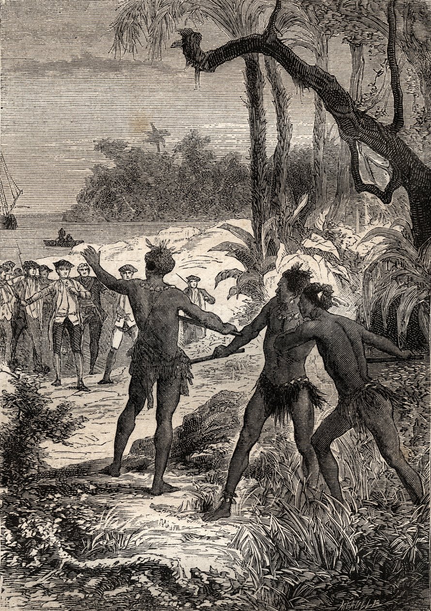 First voyage of Captain James Cook: while Cook and ten sailors sail on the southern coast of New Guinea, three Indians rose out of the wood with great screams - illustration taken from “The Great Mariners of the 18th century” by Unknown artist