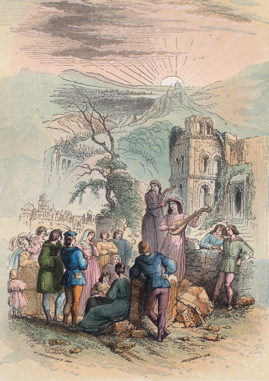 France during the Middle Ages: Find exciting people to take part in the crusade. Engraving from 1868 in 