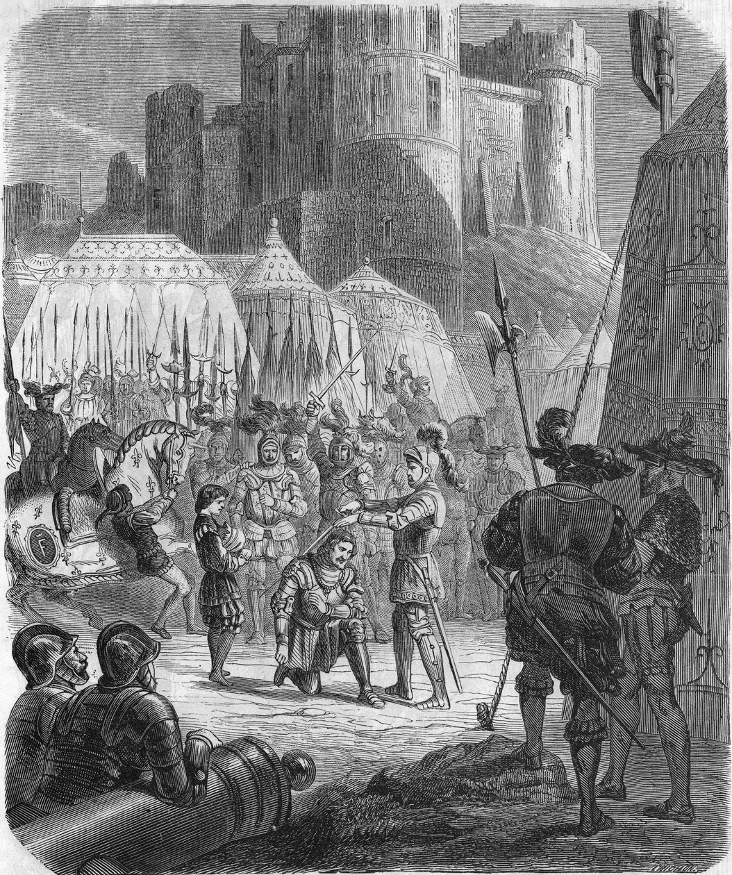 Francis I of France requesting to be knighted by the Chevalier Bayard after victory at the Battle of Marignano, Italy by Unknown artist