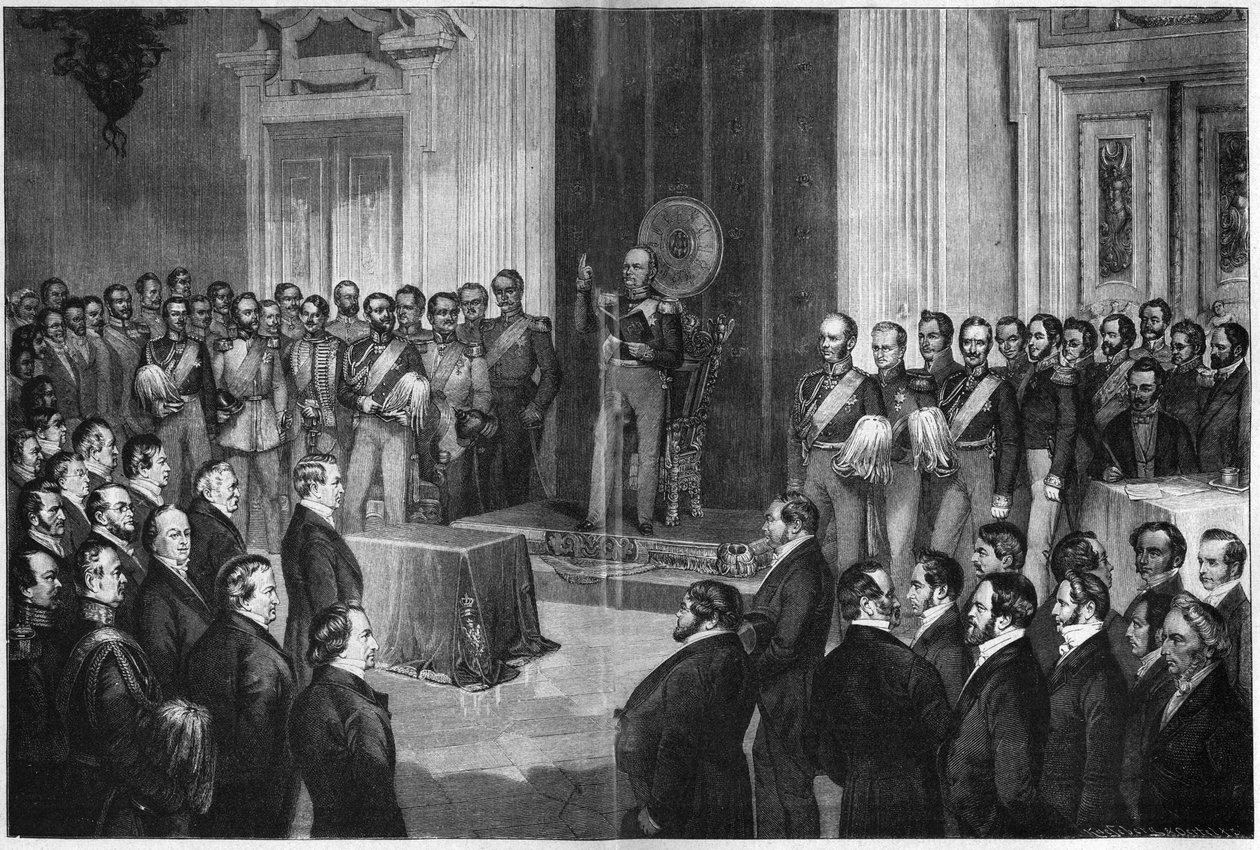 Frederick William IV, King of Prussia, swearing oath on the constitution, 6 February 1850, wood engraving after Paul Buerde by Unknown artist