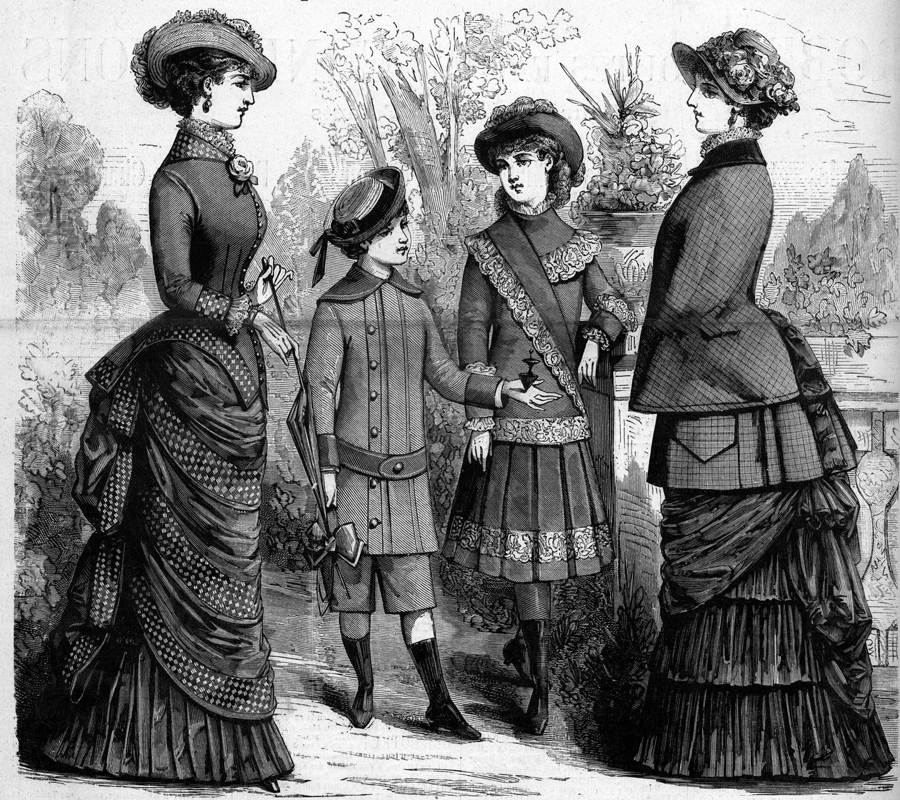 French feminine and child fashion in the 19th century. Advertising of 1882. Engraving in 