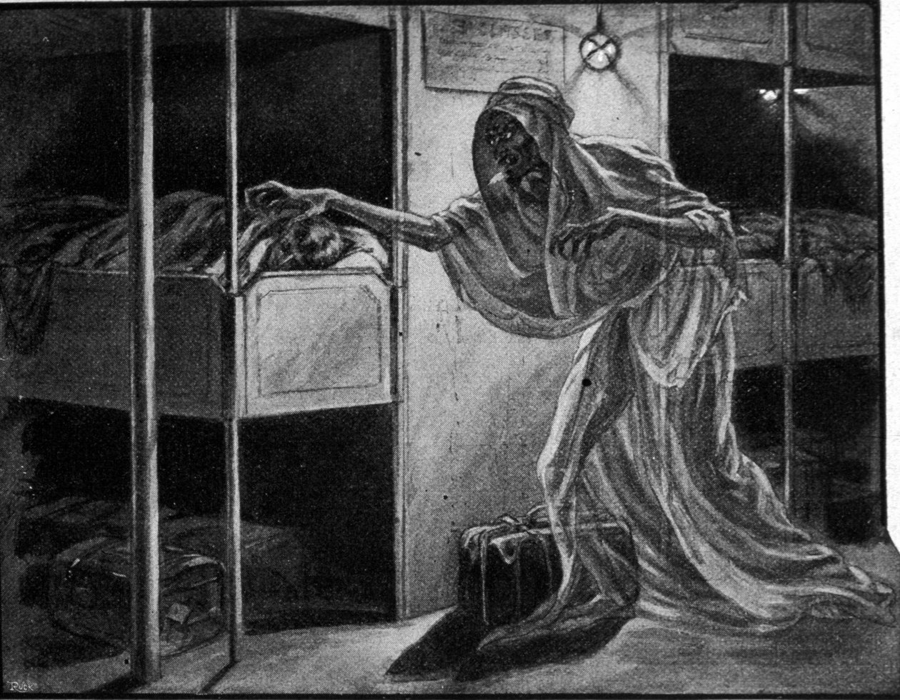 French propaganda against the Spanish influenza epidemic: the disease is represented allegorically as a worrying figure approaching a person asleep in the dormitory of a migrant ship by Unknown artist