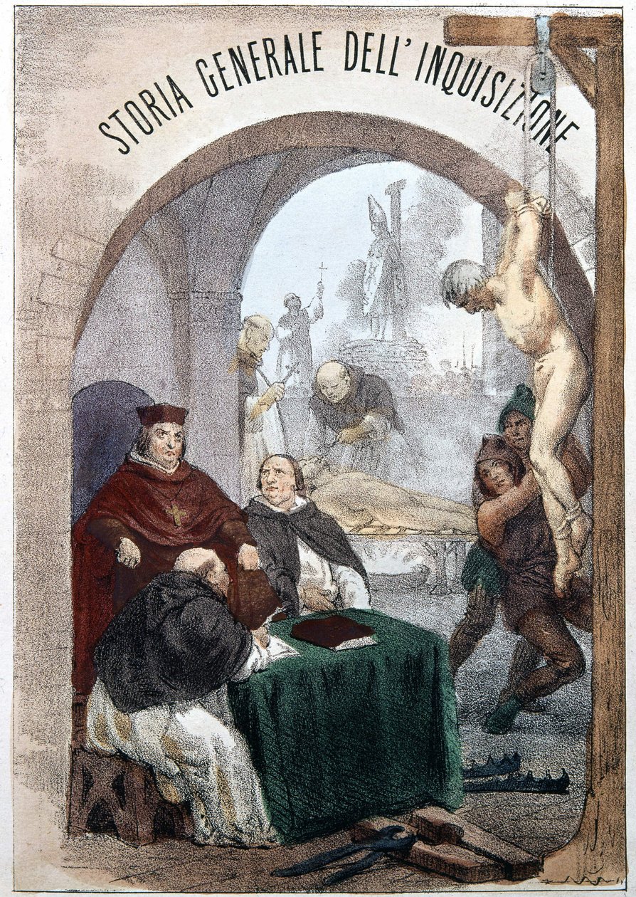 Frontispiece of The General History of the Inquisition by Pietro Tamburini with an illustration depicting scenes of symbolic inquisition. Milan 1850 by Unknown artist